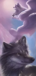 Wolves under a mystical moonlit sky with purple hues.