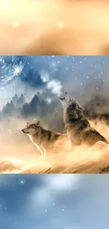 Wolves under a moonlit sky in a serene forest landscape.