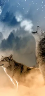 Two wolves howling under a mystical moonlit sky with forest backdrop.