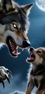 Wolf and pup under moonlight in wilderness.