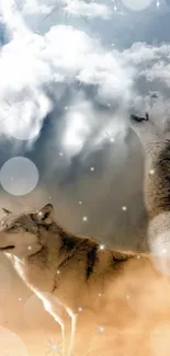 Wolves howling under a starry night sky with clouds.