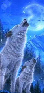 Two wolves howling under a bright moon.