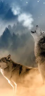 Two wolves howling at the moon in a forest backdrop with a night sky.