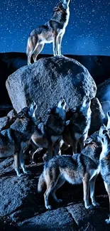 Wolves howl under a starry sky at night.