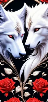 Elegant white wolves with red roses in dark art wallpaper.