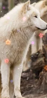 White wolves with colorful stars in a serene forest background.