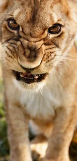 Close-up of a fierce young lion roaring in nature.