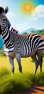 Zebra standing in a colorful safari landscape with bright sun and greenery