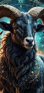 Majestic ram with zodiac and cosmic background wallpaper.