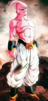 Majin Buu from Dragon Ball Z stands powerfully in anime art wallpaper.