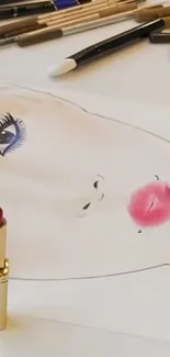 Illustrated face with makeup tools and lipstick.