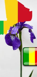 Mali map and flag with iris flower on phone wallpaper.