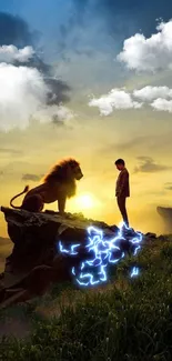 Man and lion stand at sunset on a cliff, enveloped in golden hues and tranquility.