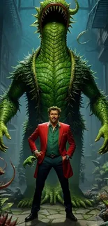 Man in red blazer with green monster in mystical garden.