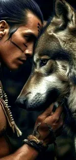 A man and wolf share a deep connection.