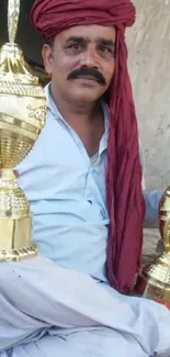 Man with red turban holding two gold trophies.