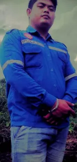 Man wearing a blue jacket standing outdoors under a cloudy sky.