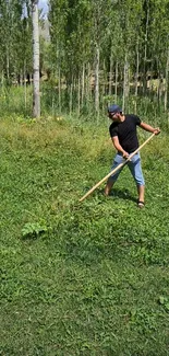 Person working in a lush green field, surrounded by tall trees.