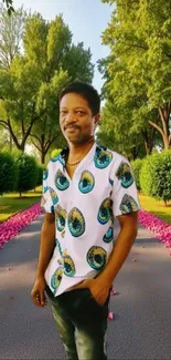 A man stands confidently on a flower-lined pathway in a scenic, tree-filled park.