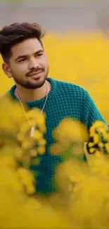 Man stands in vivid yellow flower field.