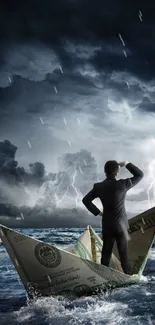 Businessman on dollar boat in stormy sea.