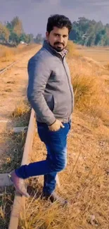 Man standing on railway track surrounded by golden grass.