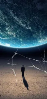 Man standing under gigantic cosmic sphere with vast sky.