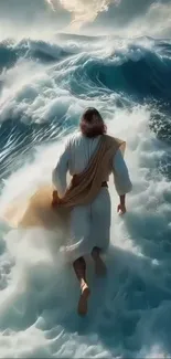 Man walks through stormy ocean waves in dramatic scene.