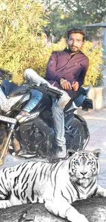 Man sitting on motorcycle with white tiger in foreground.