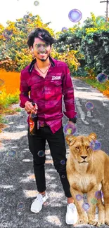 Man smiling with a lion on a scenic rural road.