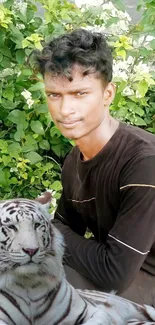 Man sitting with a white tiger amid lush greenery background.