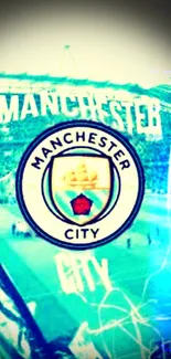 Manchester City logo on a blue background mobile wallpaper.