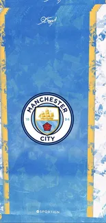 Manchester City club crest on a vibrant blue football wallpaper.