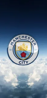 Manchester City emblem on a blue sky with clouds wallpaper.