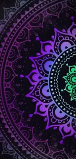 Vibrant purple and green mandala design wallpaper for mobile phones.