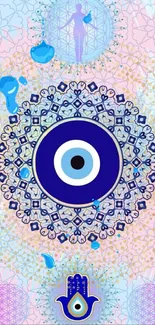 Colorful mandala with evil eye design wallpaper.