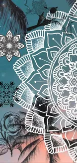 Mandala and floral design over a blue evening sky wallpaper.