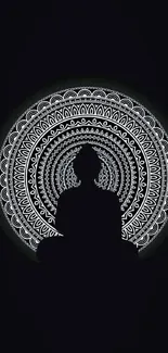 Black and white mandala meditation wallpaper in silhouette design.