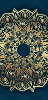 Gold mandala design on blue background.