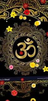 Golden mandala with Om symbol and colorful flowers on black background.