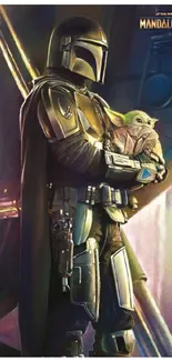 Mandalorian holds baby alien in artistic wallpaper scene.