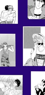 Black and white manga collage with purple background.