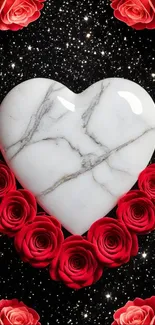 Marble heart surrounded by red roses with starry background.