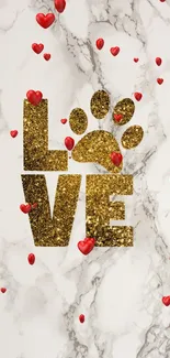 Glitter 'LOVE' with paw print over marble background and floating red hearts.