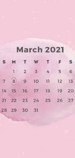 March 2021 calendar with pink floral design.