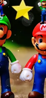 Mario and Luigi figurines in bright colors with a star on a playful background.