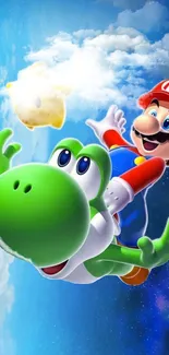 Colorful Mario and Yoshi space adventure wallpaper for mobile devices.