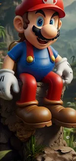 Mario sitting in a dynamic natural environment.