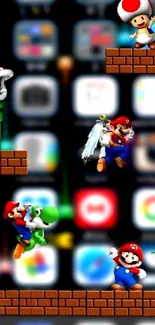 Mario characters in a vibrant mobile wallpaper with a blurred background.