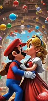 Mario and Peach in a colorful fantasy scene.